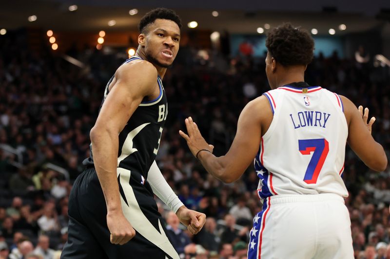 MILWAUKEE, WISCONSIN - MARCH 14: Giannis Antetokounmpo #34 of the Milwaukee Bucks reacts to a dunk during the first half of a game against the Philadelphia 76ers at Fiserv Forum on March 14, 2024 in Milwaukee, Wisconsin. NOTE TO USER: User expressly acknowledges and agrees that, by downloading and or using this photograph, User is consenting to the terms and conditions of the Getty Images License Agreement. (Photo by Stacy Revere/Getty Images)