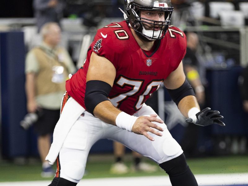 Tampa Bay Buccaneers offensive tackle Robert Hainsey (70) is seen before an NFL football game against the Dallas Cowboys, Sunday, Sept. 11, 2022, in Arlington, Texas. Tampa Bay won 19-3. (AP Photo/Brandon Wade)