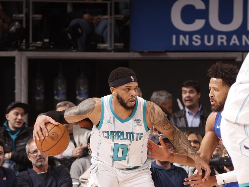 DETROIT, MI - March 11: Miles Bridges #0 of the Charlotte Hornets handles the ball during the game against the Detroit Pistons on March 11, 2024 at Little Caesars Arena in Detroit, Michigan. NOTE TO USER: User expressly acknowledges and agrees that, by downloading and/or using this photograph, User is consenting to the terms and conditions of the Getty Images License Agreement. Mandatory Copyright Notice: Copyright 2024 NBAE (Photo by Brian Sevald/NBAE via Getty Images)