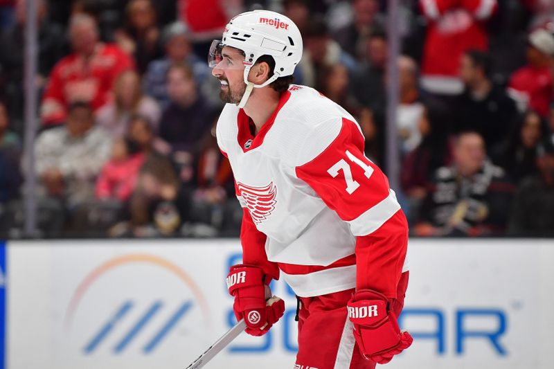 Jan 7, 2024; Anaheim, California, USA; Detroit Red Wings center Dylan Larkin (71) celebrates his power play goal scored against the Anaheim Ducks during the first period at Honda Center. Mandatory Credit: Gary A. Vasquez-USA TODAY Sports