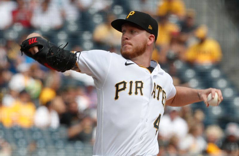 Aug 27, 2023; Pittsburgh, Pennsylvania, USA;  Pittsburgh Pirates starting pitcher Bailey Falter (44) delivers a pitch against the Chicago Cubs during the first inning at PNC Park. Mandatory Credit: Charles LeClaire-USA TODAY Sports