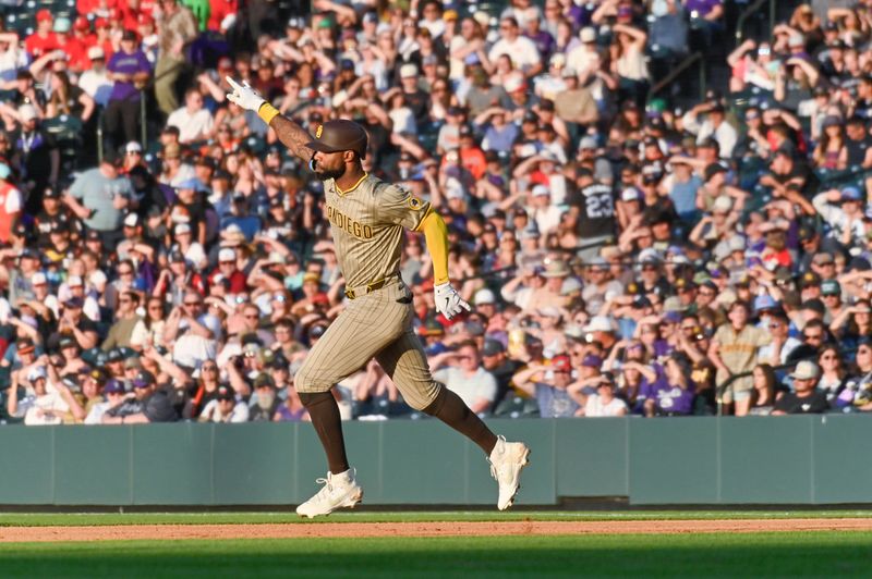 May 10, 2025; Denver, Colorado, USA; San Diego Padres outfielder Jackson Merrill (3) celebrates his home run during the fourth inning against the Colorado Rockies at Coors Field. Mandatory Credit: John Leyba-Imagn Images
