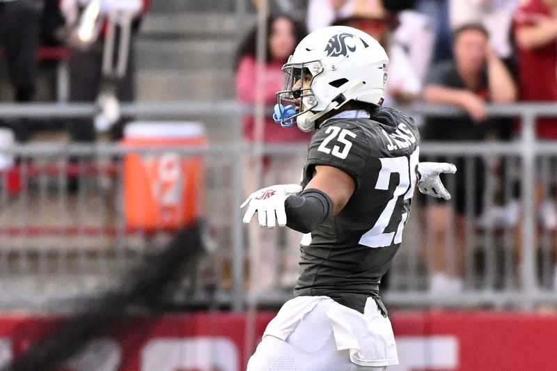 Sep 23, 2023; Pullman, Washington, USA; Washington State Cougars defensive back Jaden Hicks (25) celelbrates after. Play against the Oregon State Beavers in the second half at Gesa Field at Martin Stadium. Washington State won 38-35. Mandatory Credit: James Snook-USA TODAY Sports