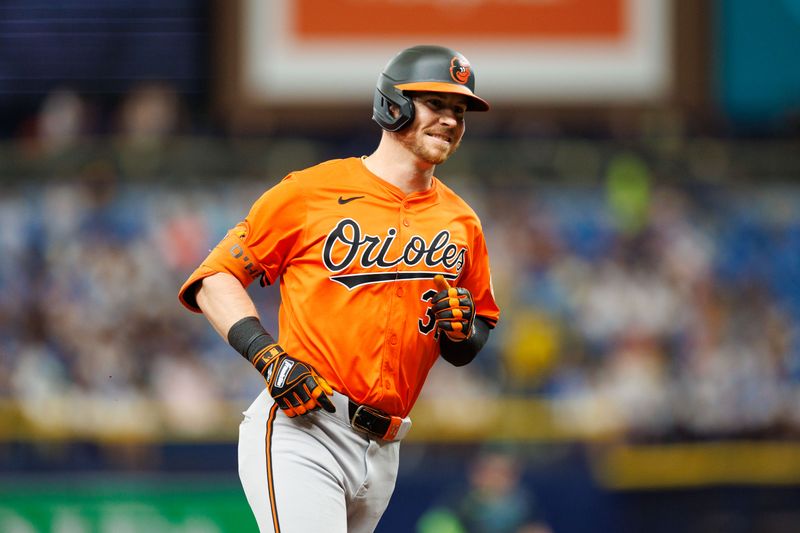 Jun 8, 2024; St. Petersburg, Florida, USA;  Baltimore Orioles outfielder Ryan O'Hearn (32) runs the bases after hitting a solo home run against the Tampa Bay Rays in the fourth inning at Tropicana Field. Mandatory Credit: Nathan Ray Seebeck-USA TODAY Sports