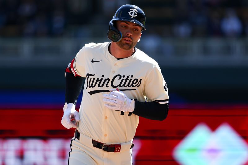 Apr 10, 2024; Minneapolis, Minnesota, USA; Minnesota Twins Edouard Julien (47) runs the bases after hitting a solo home run against the Los Angeles Dodgers during the first inning at Target Field. Mandatory Credit: Matt Krohn-USA TODAY Sports