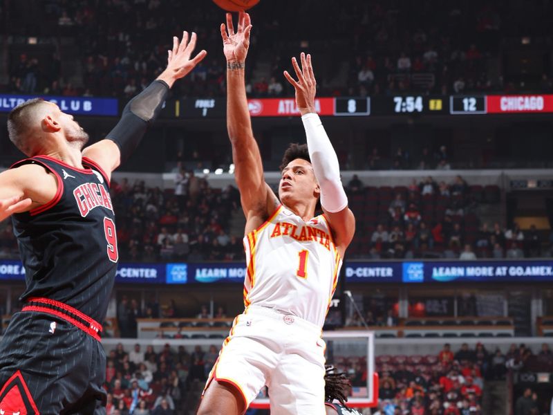 CHICAGO, IL - NOVEMBER 22: Jalen Johnson #1 of the Atlanta Hawks shoots the ball during the game against the Chicago Bulls during the Emirates NBA Cup game on November 22, 2024 at United Center in Chicago, Illinois. NOTE TO USER: User expressly acknowledges and agrees that, by downloading and or using this photograph, User is consenting to the terms and conditions of the Getty Images License Agreement. Mandatory Copyright Notice: Copyright 2024 NBAE (Photo by Jeff Haynes/NBAE via Getty Images)