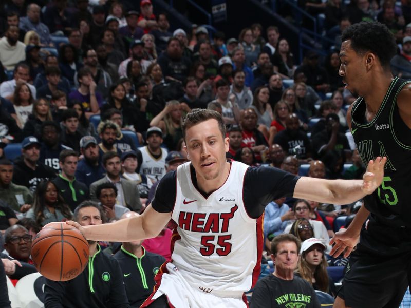 NEW ORLEANS, LA - FEBRUARY 23: Duncan Robinson #55 of the Miami Heat drives to the basket during the game against the New Orleans Pelicans on February 23, 2024 at the Smoothie King Center in New Orleans, Louisiana. NOTE TO USER: User expressly acknowledges and agrees that, by downloading and or using this Photograph, user is consenting to the terms and conditions of the Getty Images License Agreement. Mandatory Copyright Notice: Copyright 2024 NBAE (Photo by Layne Murdoch Jr./NBAE via Getty Images)