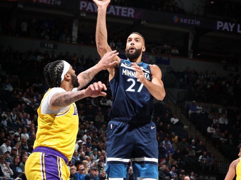 MINNEAPOLIS, MN -  DECEMBER 13:  Rudy Gobert #27 of the Minnesota Timberwolves shoots the ball during the game against the Los Angeles Lakers on December 13, 2024 at Target Center in Minneapolis, Minnesota. NOTE TO USER: User expressly acknowledges and agrees that, by downloading and or using this Photograph, user is consenting to the terms and conditions of the Getty Images License Agreement. Mandatory Copyright Notice: Copyright 2024 NBAE (Photo by David Sherman/NBAE via Getty Images)