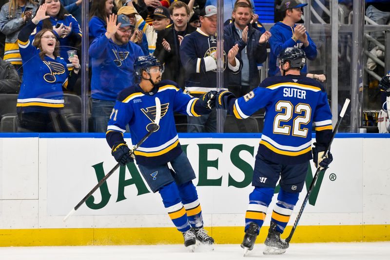 Mar 16, 2025; St. Louis, Missouri, USA;  St. Louis Blues right wing Mathieu Joseph (71) is congratulated by defenseman Ryan Suter (22) after scoring against the Anaheim Ducks during the second period at Enterprise Center. Mandatory Credit: Jeff Curry-Imagn Images