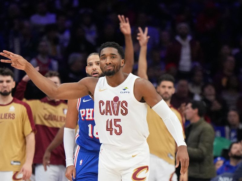 PHILADELPHIA, PA - NOVEMBER 13: Donovan Mitchell #45 of the Cleveland Cavaliers celebrates during the game against the Philadelphia 76ers on November 13, 2024 at the Wells Fargo Center in Philadelphia, Pennsylvania NOTE TO USER: User expressly acknowledges and agrees that, by downloading and/or using this Photograph, user is consenting to the terms and conditions of the Getty Images License Agreement. Mandatory Copyright Notice: Copyright 2024 NBAE (Photo by Jesse D. Garrabrant/NBAE via Getty Images)