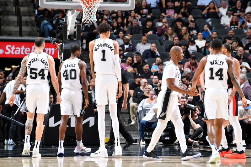 SAN ANTONIO, TX - NOVEMBER 7: San Antonio Spurs look on during the game against the Portland Trail Blazers  on November 7, 2024 at the Frost Bank Center in San Antonio, Texas. NOTE TO USER: User expressly acknowledges and agrees that, by downloading and or using this photograph, user is consenting to the terms and conditions of the Getty Images License Agreement. Mandatory Copyright Notice: Copyright 2024 NBAE (Photos by Logan Riely/NBAE via Getty Images)