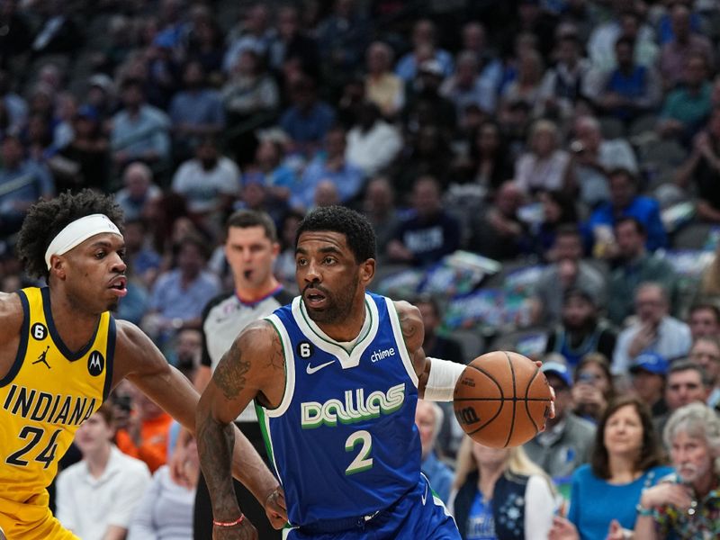 DALLAS, TX - FEBRUARY 28: Kyrie Irving #2 of the Dallas Mavericks dribbles the ball during the game against the Indiana Pacers on February 28, 2023 at the American Airlines Center in Dallas, Texas. NOTE TO USER: User expressly acknowledges and agrees that, by downloading and or using this photograph, User is consenting to the terms and conditions of the Getty Images License Agreement. Mandatory Copyright Notice: Copyright 2023 NBAE (Photo by Glenn James/NBAE via Getty Images)