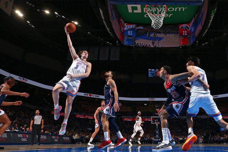 OKLAHOMA CITY, OK - FEBRUARY 23: Josh Giddey #3 of the Oklahoma City Thunder shoots the ball during the game against the Washington Wizards on February 23, 2024 at Paycom Arena in Oklahoma City, Oklahoma. NOTE TO USER: User expressly acknowledges and agrees that, by downloading and or using this photograph, User is consenting to the terms and conditions of the Getty Images License Agreement. Mandatory Copyright Notice: Copyright 2024 NBAE (Photo by Zach Beeker/NBAE via Getty Images)