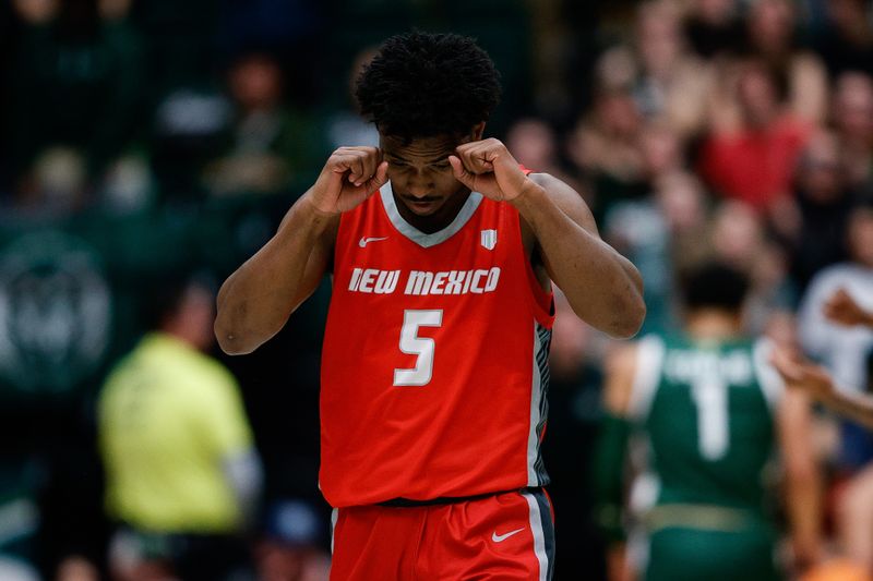 Mar 3, 2023; Fort Collins, Colorado, USA; New Mexico Lobos guard Jamal Mashburn Jr. (5) reacts in the second half against the Colorado State Rams at Moby Arena. Mandatory Credit: Isaiah J. Downing-USA TODAY Sports