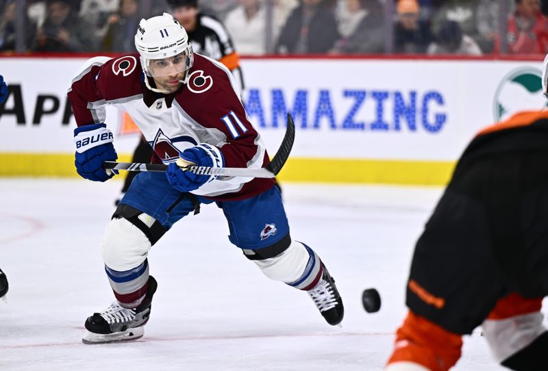 Jan 20, 2024; Philadelphia, Pennsylvania, USA; Colorado Avalanche center Andrew Cogliano (11) follows the puck against the Philadelphia Flyers in the second period at Wells Fargo Center. Mandatory Credit: Kyle Ross-USA TODAY Sports