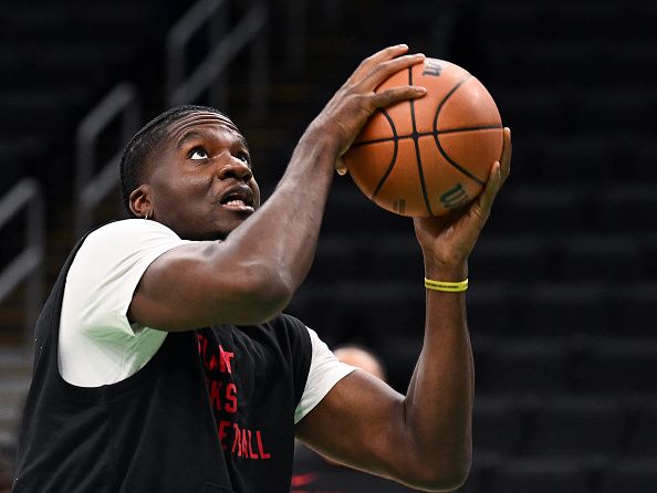 BOSTON, MASSACHUSETTS - NOVEMBER 26: Clint Capela #15 of the Atlanta Hawks takes a shot during warmups before a game against the Boston Celtics at the TD Garden on November 26, 2023 in Boston, Massachusetts. NOTE TO USER: User expressly acknowledges and agrees that, by downloading and or using this photograph, User is consenting to the terms and conditions of the Getty Images License Agreement. (Photo by Brian Fluharty/Getty Images)