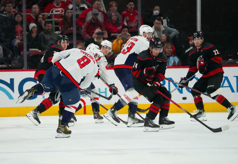 Apr 5, 2024; Raleigh, North Carolina, USA; Washington Capitals left wing Alex Ovechkin (8) takes a shot against the Carolina Hurricanes during the third period at PNC Arena. Mandatory Credit: James Guillory-USA TODAY Sports