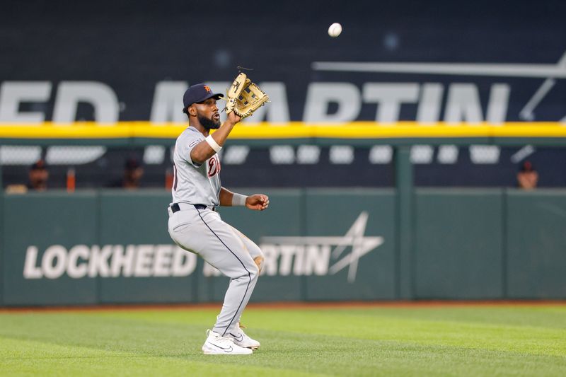 Jun 4, 2024; Arlington, Texas, USA; Detroit Tigers outfielder Akil Baddoo (60) catches a line drive during the third inning against the Texas Rangers at Globe Life Field. Mandatory Credit: Andrew Dieb-USA TODAY Sports