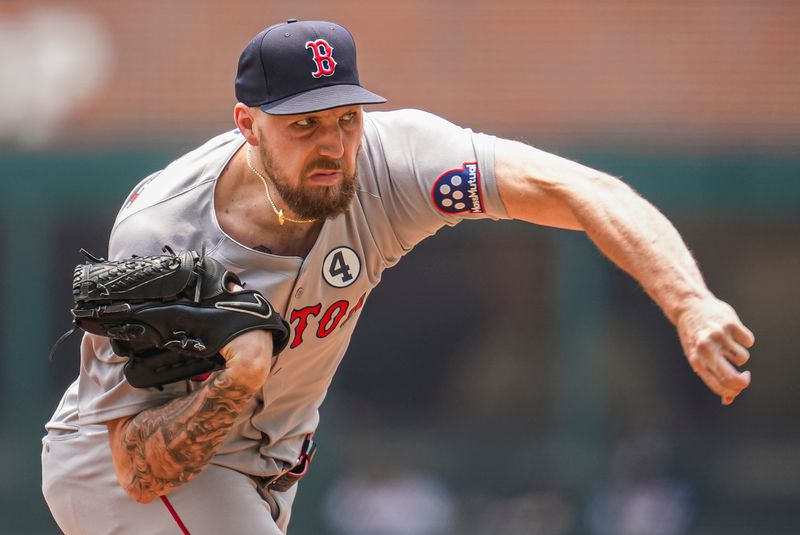 Jun 1, 2025; Cumberland, Georgia, USA; Boston Red Sox starting pitcher Garrett Crochet (35) pitches against the Atlanta Braves during the first inning at Truist Park. Mandatory Credit: Dale Zanine-Imagn Images