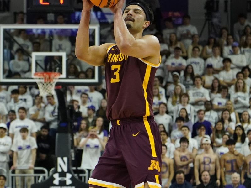 Mar 9, 2024; Evanston, Illinois, USA; Minnesota Golden Gophers forward Dawson Garcia (3) makes a three point basket against the Northwestern Wildcats during the first half at Welsh-Ryan Arena. Mandatory Credit: David Banks-USA TODAY Sports