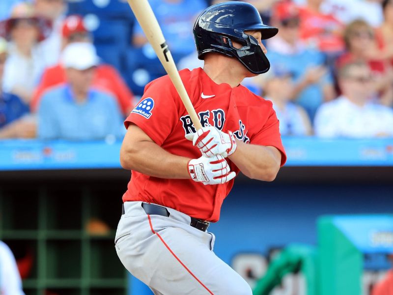 Mar 5, 2026; Clearwater, Florida, USA;  Boston Red Sox catcher Matt Thaiss (25) singles during the fourth inning against the Philadelphia Phillies at BayCare Ballpark. Mandatory Credit: Kim Klement Neitzel-Imagn Images