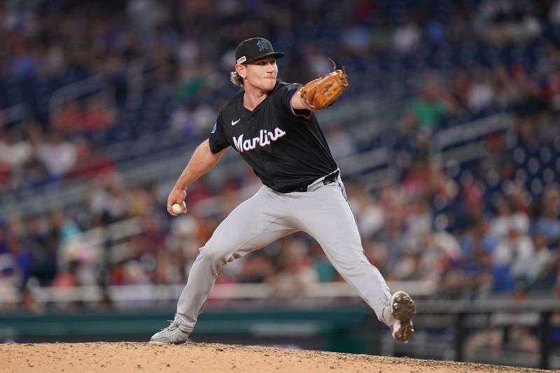 Jun 14, 2024; Washington, District of Columbia, USA; Miami Marlins relief pitcher Declan Cronin (51) throws the ball against the Washington Nationals in the eighth inning at Nationals Park. Mandatory Credit: Amber Searls-USA TODAY Sports
