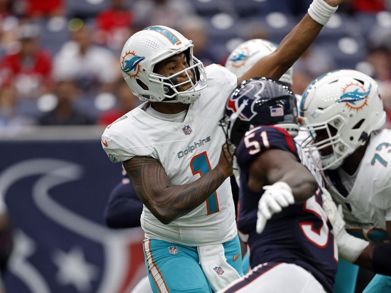 Miami Dolphins quarterback Tua Tagovailoa (1) in action during an NFL preseason football game against the Houston Texans, Saturday, Aug. 19, 2023, in Houston. (AP Photo/Tyler Kaufman)