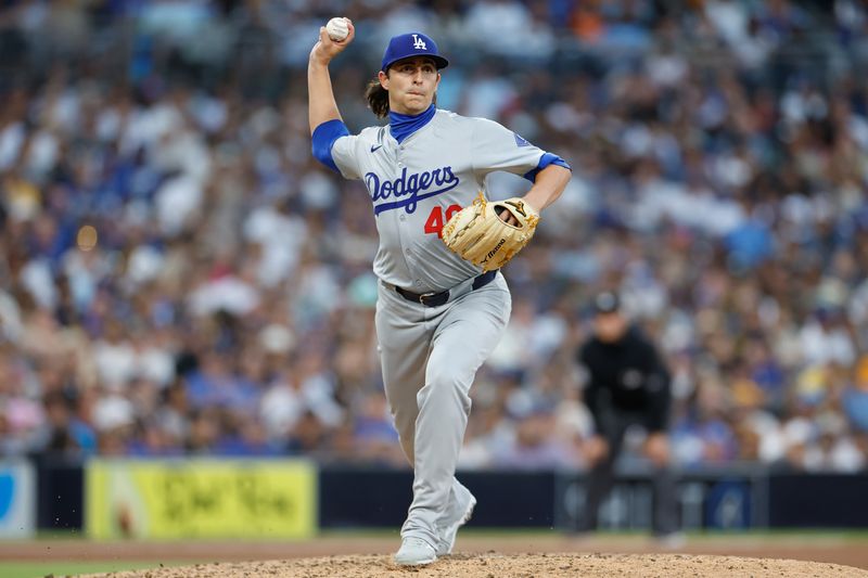 Jul 31, 2024; San Diego, California, USA; Los Angeles Dodgers relief pitcher Brent Honeywell (40) throws to first base during the sixth inning against the San Diego Padres at Petco Park. Mandatory Credit: David Frerker-USA TODAY Sports