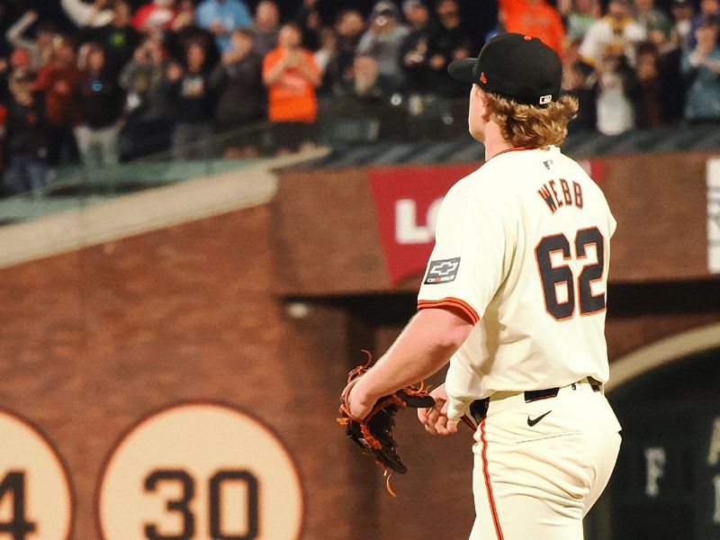 Jul 31, 2024; San Francisco, California, USA; San Francisco Giants starting pitcher Logan Webb (62) after pitching a complete game against the Oakland Athletics at Oracle Park. Mandatory Credit: Kelley L Cox-USA TODAY Sports