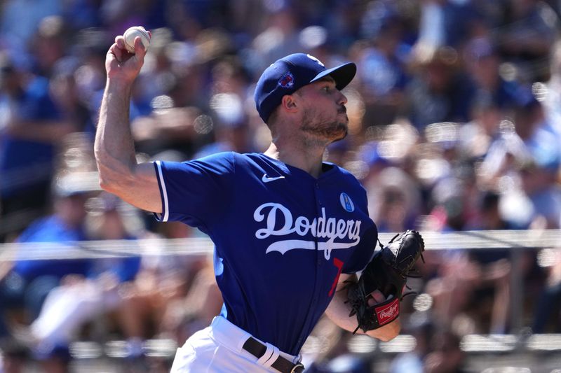 Mar 9, 2024; Phoenix, Arizona, USA; Los Angeles Dodgers starting pitcher Michael Grove (78) pitches against the Texas Rangers during the first inning at Camelback Ranch-Glendale. Mandatory Credit: Joe Camporeale-USA TODAY Sports