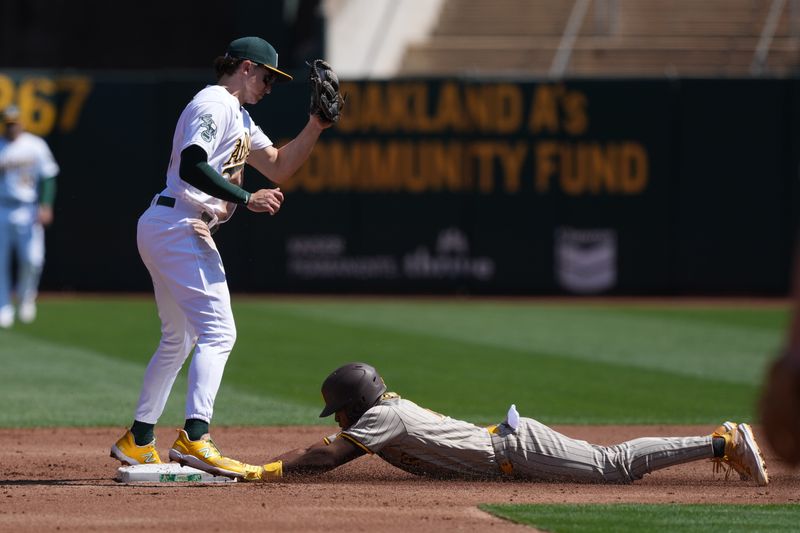 Sep 17, 2023; Oakland, California, USA; San Diego Padres center fielder Jose Azocar (right) steals second base as Oakland Athletics second baseman Zack Gelof (left) receives a throw during the second inning at Oakland-Alameda County Coliseum. Mandatory Credit: Darren Yamashita-USA TODAY Sports