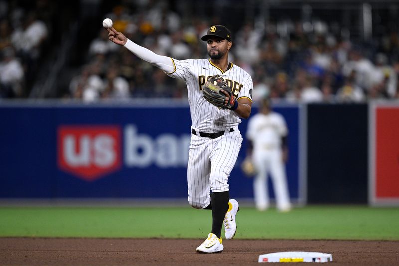 Aug 22, 2023; San Diego, California, USA; San Diego Padres shortstop Xander Bogaerts (2) throws to first base on a ground out by Miami Marlins center fielder Jazz Chisholm (not pictured) during the sixth inning at Petco Park. Mandatory Credit: Orlando Ramirez-USA TODAY Sports