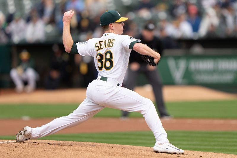 Jun 28, 2023; Oakland, California, USA;  Oakland Athletics starting pitcher JP Sears (38) pitches during the first inning against the New York Yankees at Oakland-Alameda County Coliseum. Mandatory Credit: Stan Szeto-USA TODAY Sports