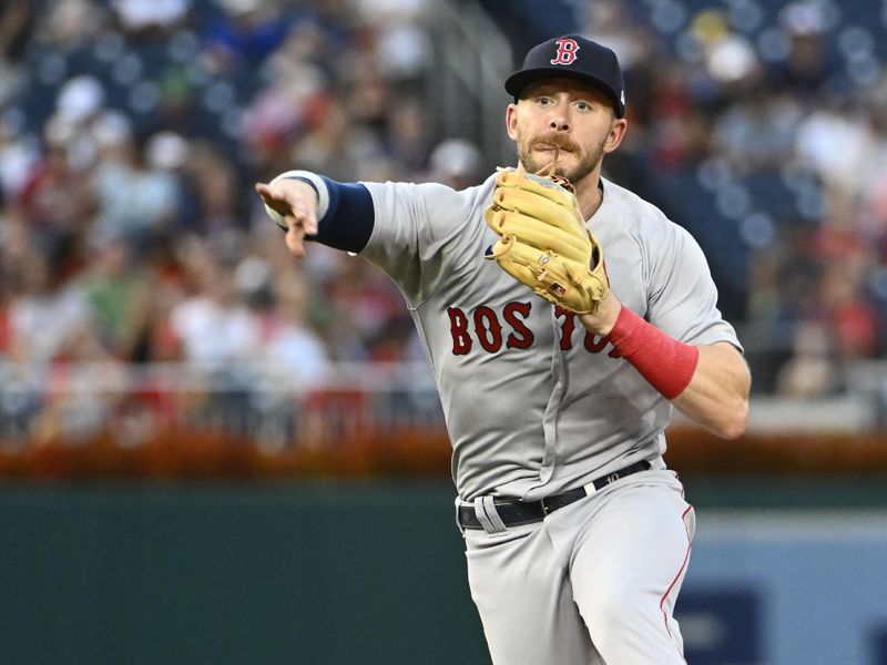 Aug 16, 2023; Washington, District of Columbia, USA; Boston Red Sox shortstop Trevor Story (10) throws out Washington Nationals first baseman Dominic Smith (22) during the second inning at Nationals Park. Mandatory Credit: Brad Mills-USA TODAY Sports