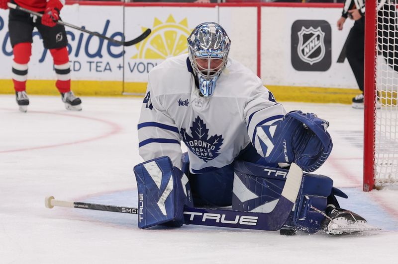 Mar 4, 2026; Newark, New Jersey, USA; Toronto Maple Leafs goaltender Anthony Stolarz (41) makes a save against the New Jersey Devils during the second period at Prudential Center. Mandatory Credit: Ed Mulholland-Imagn Images