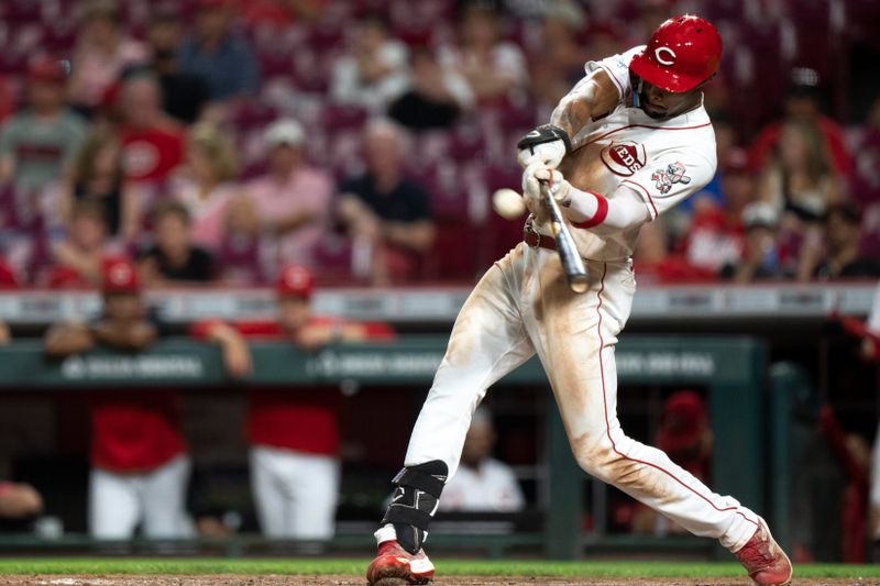 Sep 6, 2023; Cincinnati, Ohio, USA; Cincinnati Reds right fielder Will Benson (30) hits a solo home run in the ninth inning of the MLB baseball game between the Cincinnati Reds and the Seattle Mariners at Great American Ball Park. Mandatory Credit: Albert Cesare-USA TODAY Sports