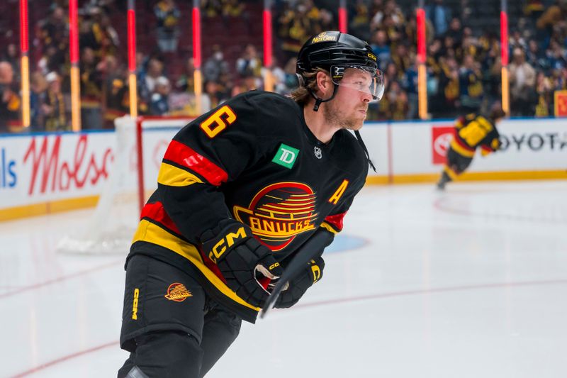 Oct 9, 2025; Vancouver, British Columbia, CAN; Vancouver Canucks forward Brock Boeser (6) skates during warm up prior to a game against the Calgary Flames at Rogers Arena. Mandatory Credit: Bob Frid-Imagn Images