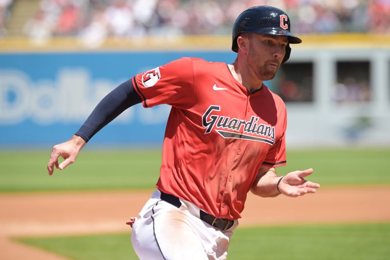 May 8, 2024; Cleveland, Ohio, USA; Cleveland Guardians left fielder David Fry (6) rounds third base en route to scoring during the second inning against the Detroit Tigers at Progressive Field. Mandatory Credit: Ken Blaze-USA TODAY Sports