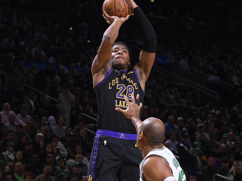 BOSTON, MA - FEBRUARY 1: Rui Hachimura #28 of the Los Angeles Lakers shoots the ball during the game  against the Boston Celtics on February 1, 2024 at the TD Garden in Boston, Massachusetts. NOTE TO USER: User expressly acknowledges and agrees that, by downloading and or using this photograph, User is consenting to the terms and conditions of the Getty Images License Agreement. Mandatory Copyright Notice: Copyright 2024 NBAE  (Photo by Brian Babineau/NBAE via Getty Images)