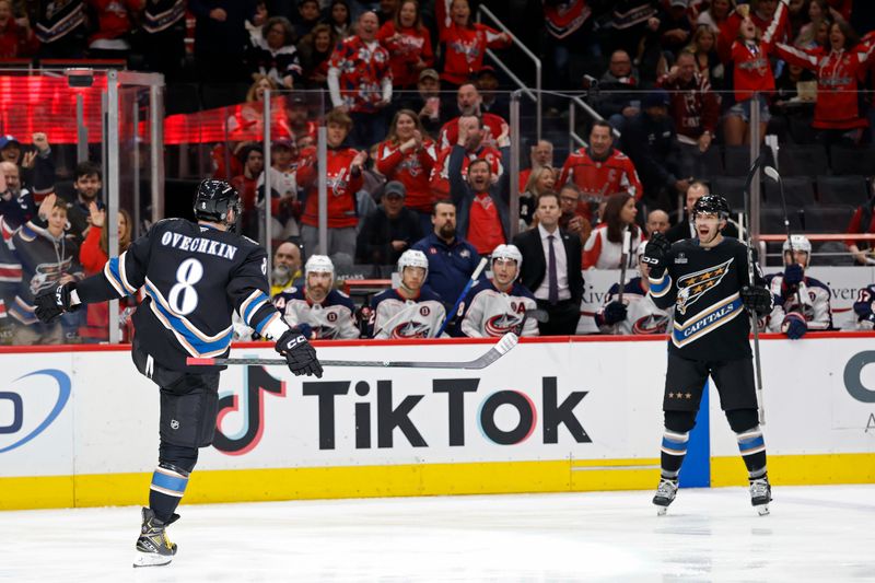 Apr 13, 2025; Washington, District of Columbia, USA; Washington Capitals left wing Alex Ovechkin (8) celebrates after scoring a goal against the Columbus Blue Jackets in the first period at Capital One Arena. Mandatory Credit: Geoff Burke-Imagn Images