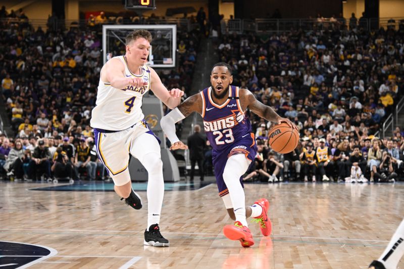 LOS ANGELES, CA - OCTOBER 6: Monte Morris #23 of the Phoenix Suns drives to the basket during the game against the Los Angeles Lakers on October 6, 2024 at Acrisure Arena in Palm Springs, California. NOTE TO USER: User expressly acknowledges and agrees that, by downloading and/or using this Photograph, user is consenting to the terms and conditions of the Getty Images License Agreement. Mandatory Copyright Notice: Copyright 2024 NBAE (Photo by Adam Pantozzi/NBAE via Getty Images)