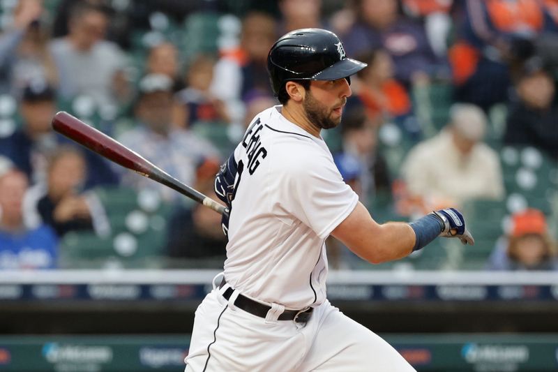 Sep 28, 2023; Detroit, Michigan, USA; Detroit Tigers right fielder Matt Vierling (8) hits an two RBI single in the seventh inning against the Kansas City Royals at Comerica Park. Mandatory Credit: Rick Osentoski-USA TODAY Sports