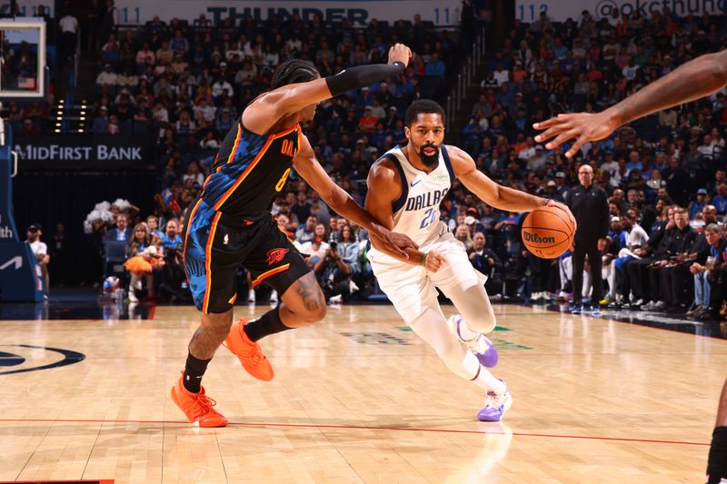 OKLAHOMA CITY, OK - NOVEMBER 17: Spencer Dinwiddie #26 of the Dallas Mavericks dribbles the ball during the game against the Oklahoma City Thunder on November 17, 2024 at Paycom Center in Oklahoma City, Oklahoma. NOTE TO USER: User expressly acknowledges and agrees that, by downloading and or using this photograph, User is consenting to the terms and conditions of the Getty Images License Agreement. Mandatory Copyright Notice: Copyright 2024 NBAE (Photo by Zach Beeker/NBAE via Getty Images)