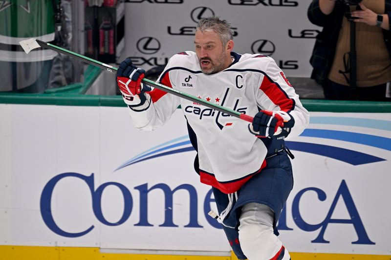 Oct 28, 2025; Dallas, Texas, USA; Washington Capitals left wing Alex Ovechkin (8) skates in warmups before the game against the Dallas Stars at the American Airlines Center. Mandatory Credit: Jerome Miron-Imagn Images