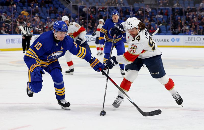 Feb 15, 2024; Buffalo, New York, USA;  Buffalo Sabres defenseman Henri Jokiharju (10) tries to block a shot by Florida Panthers left wing Ryan Lomberg (94) during the third period at KeyBank Center. Mandatory Credit: Timothy T. Ludwig-USA TODAY Sports