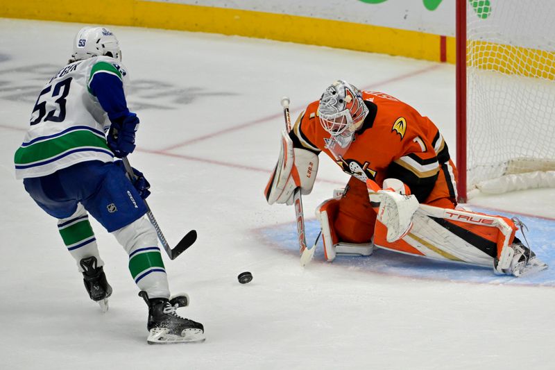 Nov 5, 2024; Anaheim, California, USA;  Anaheim Ducks goaltender Lukas Dostal (1) makes a save on a shot by Vancouver Canucks center Teddy Blueger (53) in the second period at Honda Center. Mandatory Credit: Jayne Kamin-Oncea-Imagn Images