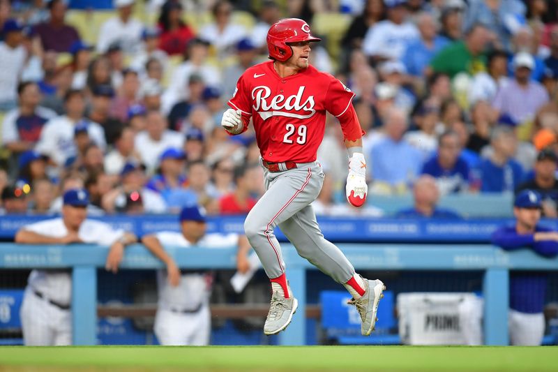 Jul 29, 2023; Los Angeles, California, USA; Cincinnati Reds center fielder TJ Friedl (29) runs home to score against the Los Angeles Dodgers during the sixth inning at Dodger Stadium. Mandatory Credit: Gary A. Vasquez-USA TODAY Sports