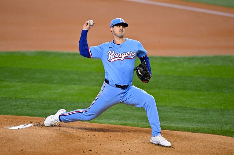 Aug 18, 2024; Arlington, Texas, USA; Texas Rangers starting pitcher Tyler Mahle (51) pitches against the Minnesota Twins during the first inning at Globe Life Field. Mandatory Credit: Jerome Miron-USA TODAY Sports