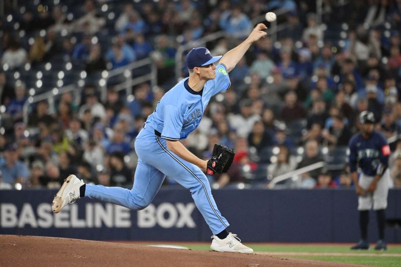 Apr 20, 2025; Toronto, Ontario, CAN;  Toronto Blue Jays starting pitcher Easton Lucas (62) pitches against the Seattle Mariners in the first inning at Rogers Centre. Mandatory Credit: Dan Hamilton-Imagn Images
