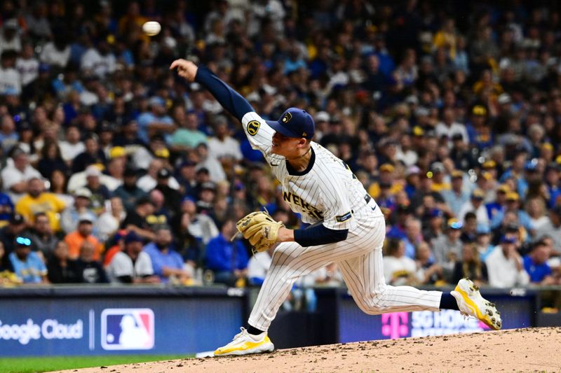 Oct 3, 2024; Milwaukee, Wisconsin, USA; Milwaukee Brewers pitcher Tobias Myers (36) pitches against the New York Mets in the fourth inning during game three of the Wildcard round for the 2024 MLB Playoffs at American Family Field. Mandatory Credit: Benny Sieu-Imagn Images